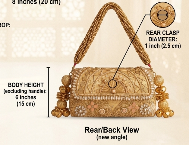 Royal Gold Embellished Handcrafted Clutch Bag with Beaded Handle - Image 2