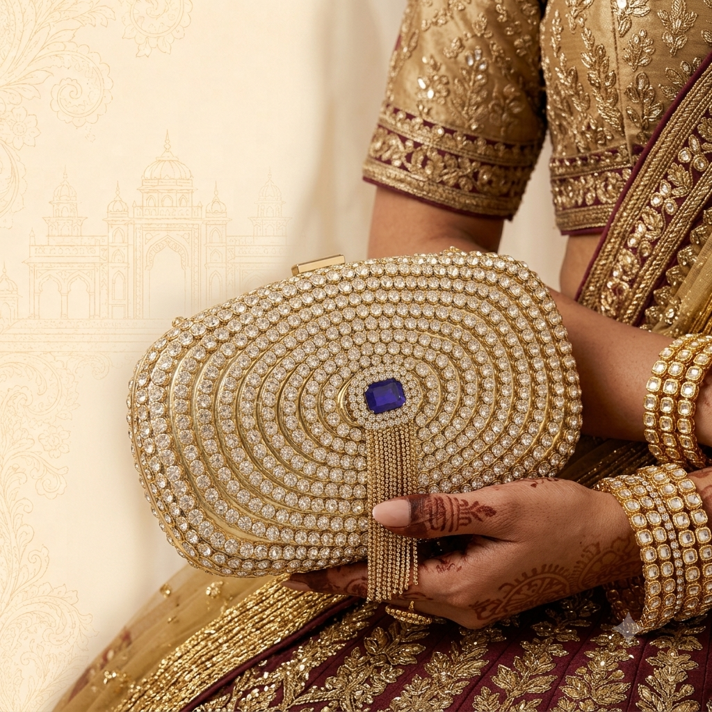 Royal Gold & Crystal Embellished Clutch Bag - Image 2