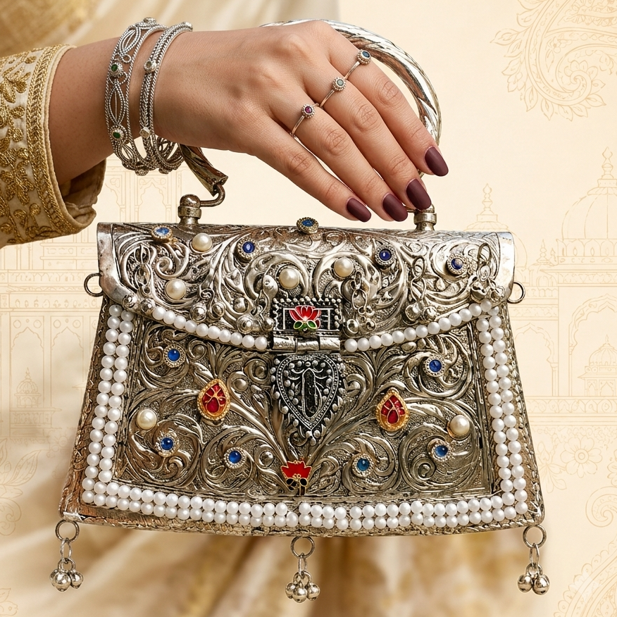 Kundan meena Silver tone with Shining pear - Image 3
