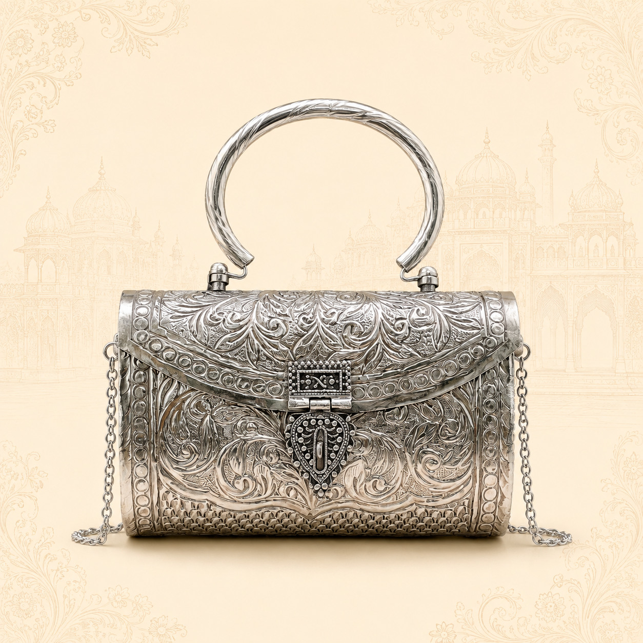 silver-plated metal clutch bag