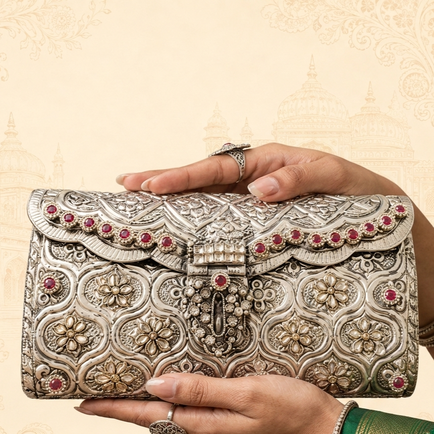 Royal Silver Carved Ruby Clutch - Image 2