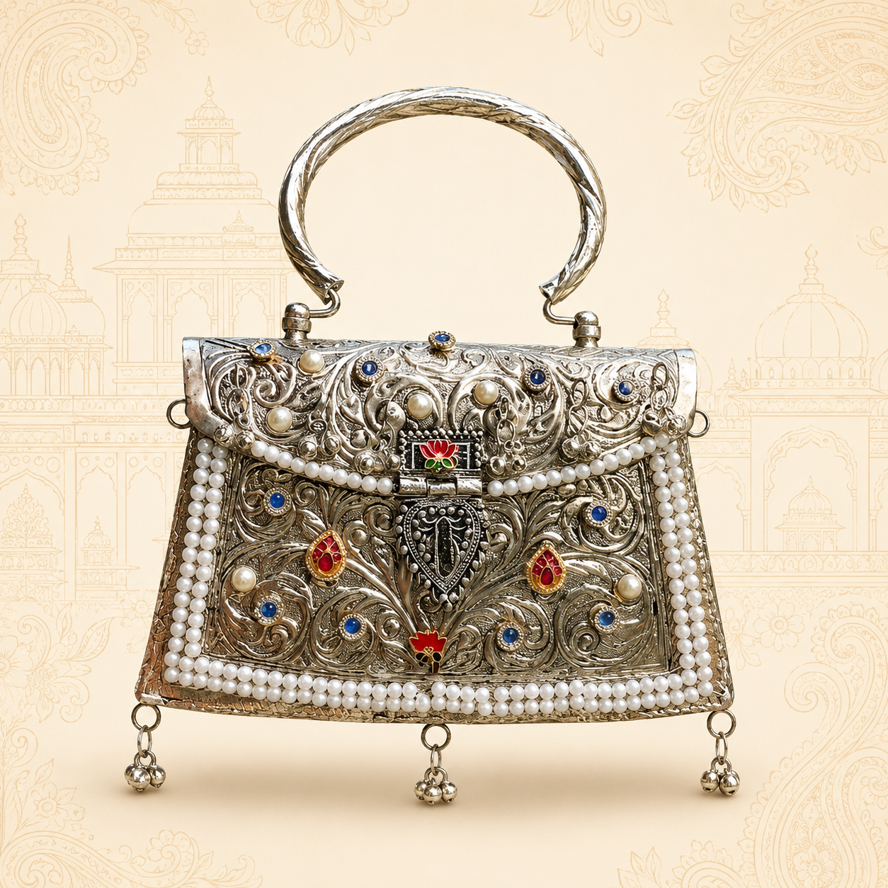 Kundan meena Silver tone with Shining pear