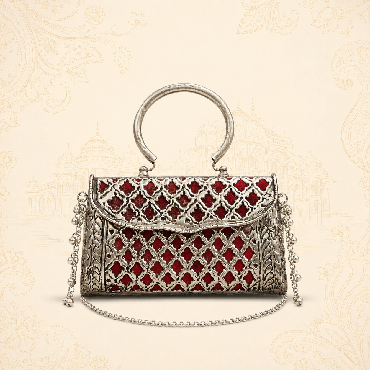 silver-plated metal clutch bag (Red Pattern)